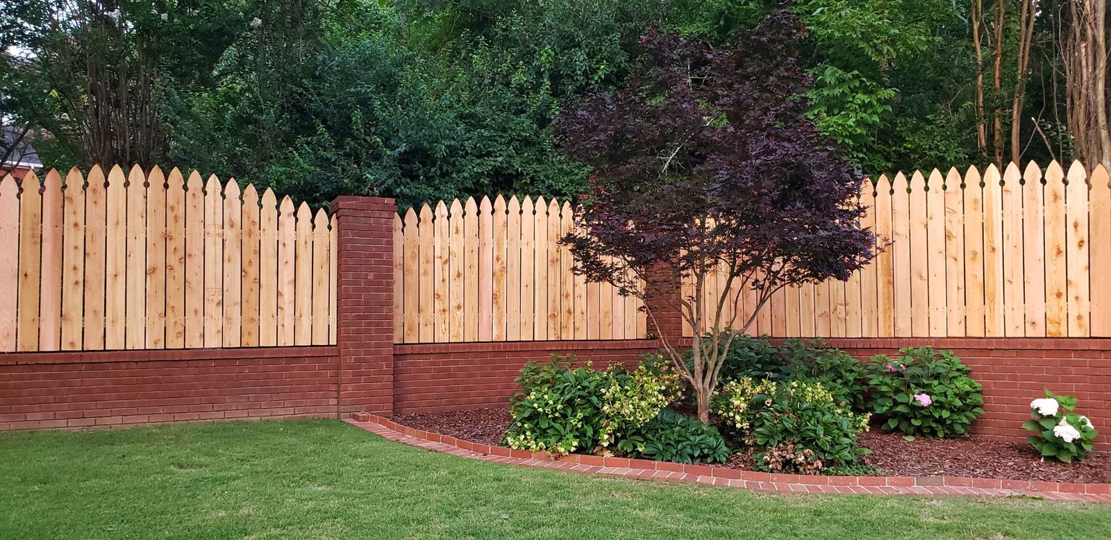 Wood fence on a brick base with a red maple